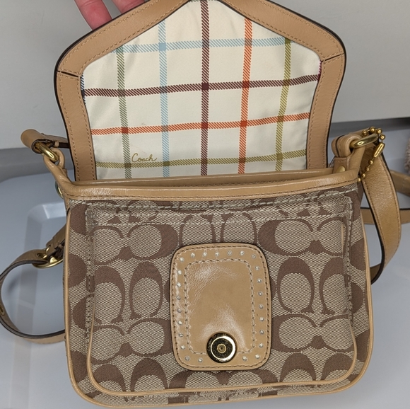 Coach Signature Bleecker Canvas Flap Crossbody Tan Patent Leather Buckle Bag - Picture 11 of 16